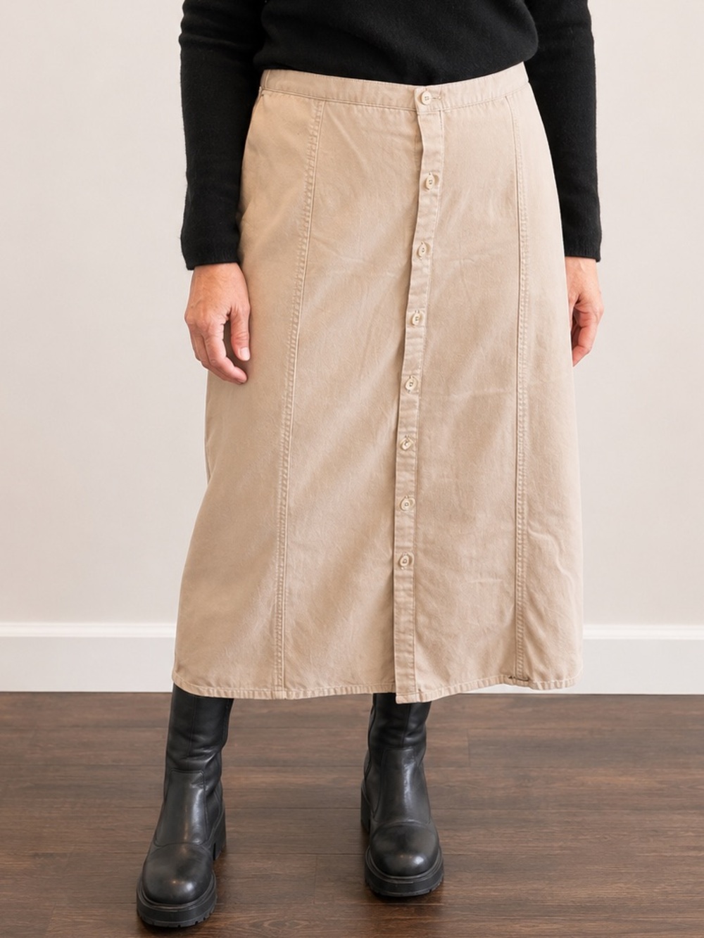 Vintage Mountain Lake Tan Cotton Button Front Midi Skirt – Medium